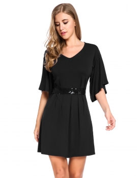 

Black V-Neck Bell Sleeve Sequined Waist A-Line Party Dress, Multicolor