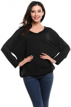 

V-Neck Batwing Long Sleeve Elastic Hem Loose Fit Solid Blouse, Multicolor