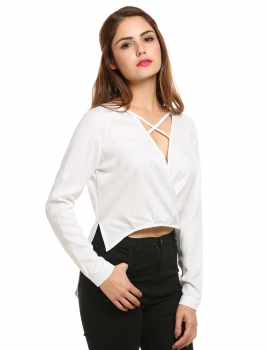 

White Irregular Long Sleeve Sexy Front Cross Chiffon Casual Tops, Multicolor
