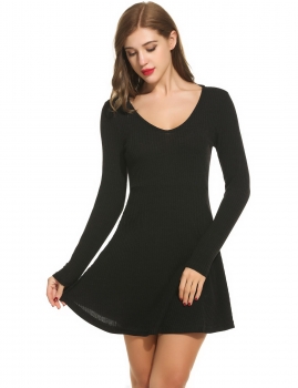 

Black Women V-Neck Long Sleeve Solid Fit and Flare Mini Knit Sweater Skater Casual Dresses, Multicolor