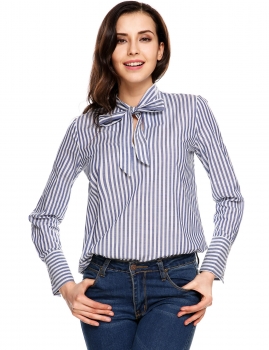 

Blue Bow Tie Neck Long Sleeve Striped Shirt, Multicolor