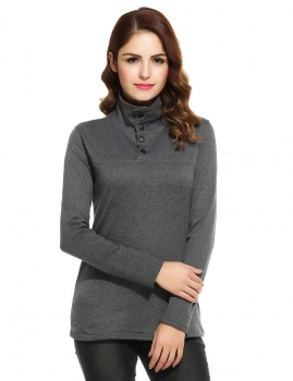 

Gray Turtleneck Button Long Sleeve Solid Slim Fit Tops, Multicolor