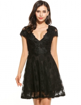 

Black Women Casual Short Sleeve Lace Patchwork V Neck High Waist Mini Swing Dress, Multicolor