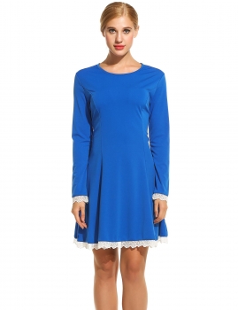 

Blue New Women O-Neck Long Sleeve Lace Patchwork A-line Pleated Casual Dresses, Multicolor