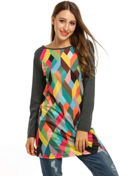 

Zeagoo Gray O-Neck Raglan Long Sleeve Geometric Print Patchwork Tunics, Multicolor