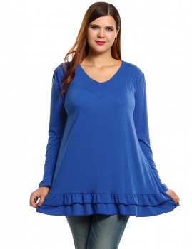 

Blue V-Neck Long Sleeve Solid Plus Size Casual Tops, Multicolor