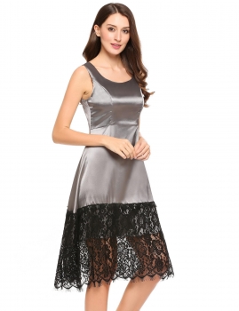 

Gray Casual U-Neck Sleeveless Satin Patchwork Lace Hem Dress, Multicolor