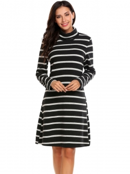 

Black Women Turtleneck Long Sleeve Striped Pullover Sweater Dress, Multicolor