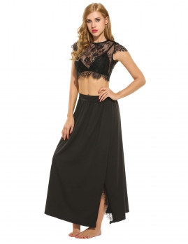 

New Women Casual Lace 2 Pieces O Neck Short Sleeve Top and Maxi Dress, Multicolor