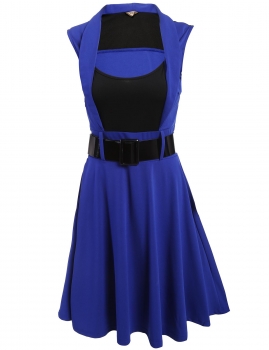 

Blue Casual O-Neck Sleeveless Patchwork Pleated A-Line Hem Tank Dress with Waist Belt, Multicolor