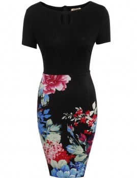 

New Women Casual O-Neck Short Sleeve Prints Patchwork Hollow Out Slim Elastic Dress, Multicolor