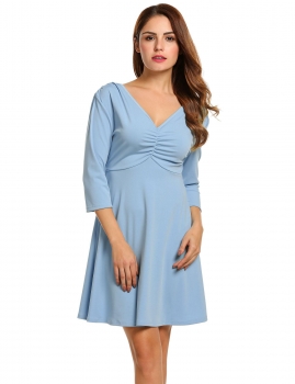 

Blue Vintage Style V-Neck 3"4 Sleeve High Waist Solid A-Line Short Casual Dresses, Multicolor