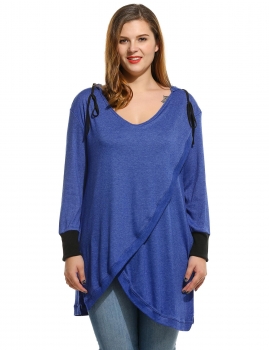 

Blue Plus Sizes V-Neck Long Sleeve Cross Front Asymmetrical Pullover Hoodies & Sweatshirts, Multicolor
