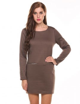 

Brown O-Neck Long Sleeve Solid Pullover Fleece Dress with Zip Pocket, Multicolor