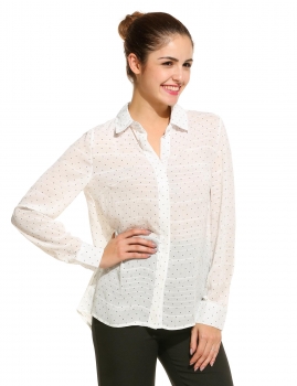 

Dotted Trun-Down Neck Long Sleeve Comfy Chiffon Shirt, Multicolor