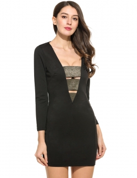 

Black New Women Sexy V-Neck Long Sleeve Shimmer Elastic Band Patchwork Hollow Out Slim Dress, Multicolor