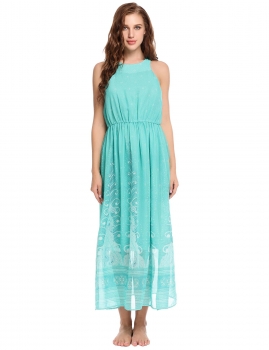 

Green Sleeveless Print O Neck Pullover Party Flowy Casual Dress, Multicolor