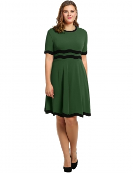 

Dark green Women Short Sleeve Patchwork O Neck Pullover Flare Casual Dresses, Multicolor