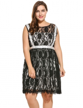 

Black Casual Sleeveless Lace Patchwork O Neck Plus Size A-Line Dress, Multicolor
