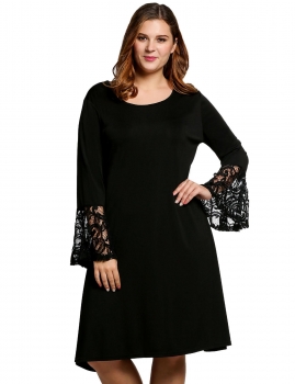 

Black Women Fashion Plus Sizes Flare Long Sleeve Solid A-Line Short Casual Dresses, Multicolor