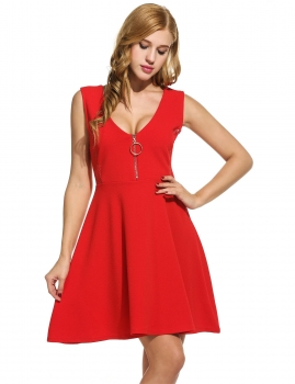 

New Women Sexy V-Neck Net Patchwork Hollow Out Pleated Vest Dress, Multicolor
