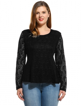 

Plus Size Long Sleeve O Neck Solid Slim Pullover Lace Blouse, Multicolor