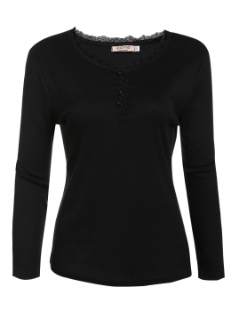 

Lace V-Neck Long Sleeve Solid Button T-Shirt, Multicolor