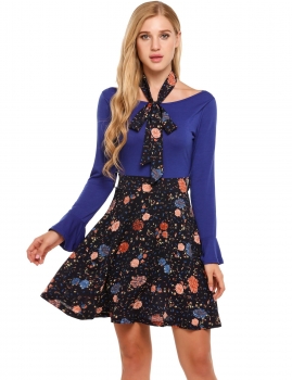 

Blue red Long Sleeve Floral Patchwork Belted A-Line Dress, Multicolor