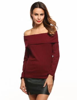 

Zeagoo Dark red Off the Shoulder Long Sleeve Solid Ribbed Foldover Slim Tunics Casual Tops, Multicolor