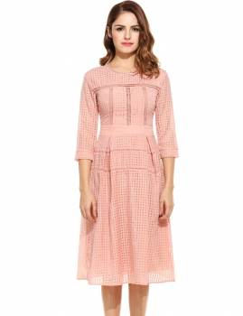 

Women Casual Half Sleeve Plaid O Neck Slim Lace Dress, Multicolor