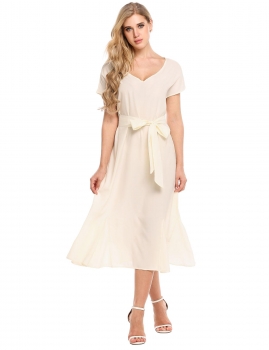 

Beige Women Elegant Loose V-Neck Short Sleeve Solid Party A-Line Dress with Belt, Multicolor