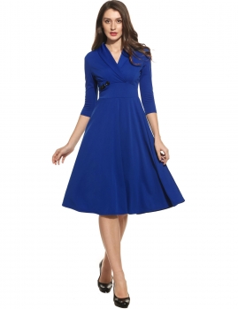 

Blue Women Casual 3"4 Sleeve Solid V Neck Pullover Swing Dress, Multicolor