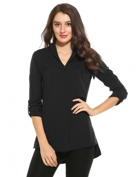 

Long Low Hem Pocket Button Turn Down Neck Long Sleeve Solid Solid Tunic, Multicolor