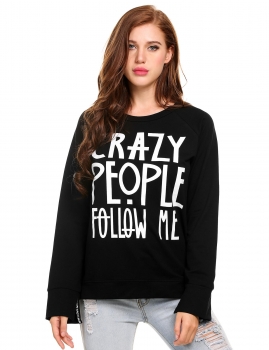 

Black O-Neck Long Sleeve Letter Print Slit Pullover Sweatshirt, Multicolor