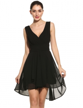 

Black Women Elegant Draped Wrap Front V-Neck Sleeveless Bridesmaids Party Chiffon Short Dress, Multicolor
