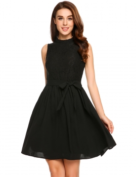 

Black Lace Patchwork Chiffon Belted A-Line Dress, Multicolor