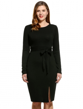 

Women Casual Long Sleeve Solid Belt O Neck Pullover Pencil Dress, Multicolor