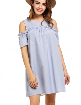 

Women Casual Short Sleeve Striped Ruffled O Neck Cold Shoulder Dress, Multicolor