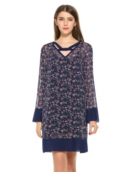

New Women Casual V-Neck Long Sleeve Printing Patchwork Cotrast Color Dress, Multicolor