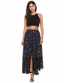 

Navy blue Women Bohemian Style Slit Floral Print Chiffon Long Beach Skirt, Multicolor
