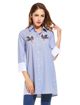 

Blue Bird Pattern Button Down Collar 3"4 Sleeve Loose Patchwork Shirt, Multicolor