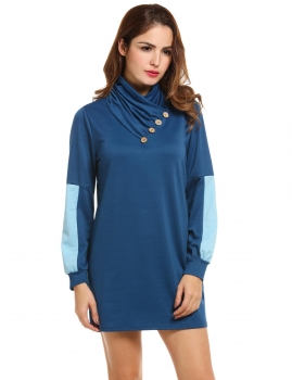 

Meaneor Blue Women Cowl Collar Button Long Sleeve Patchwork Pullover Mini Casual Dresses, Multicolor