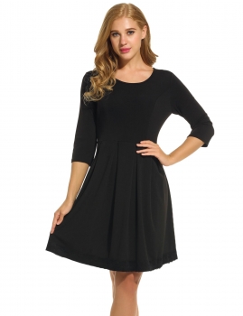 

Meaneor Black Women O-Neck 3"4 Sleeve Lace Trim Slim Cocktail Party Pleated Casual Dresses, Multicolor