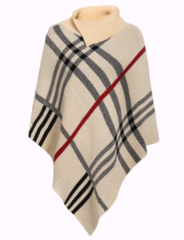 

Asymmetrical Turtleneck Long Sleeve Plaid Poncho Capes Pullover Sweater, Multicolor