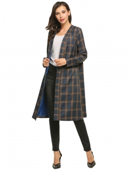 

Collarless Long Sleeve Plaid Belted Coat Outwear, Multicolor