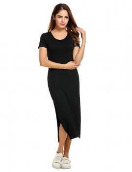 

Meaneor Black Women O-Neck Short Sleeve Solid Side Slit Slim Maxi Long Casual Dresses, Multicolor