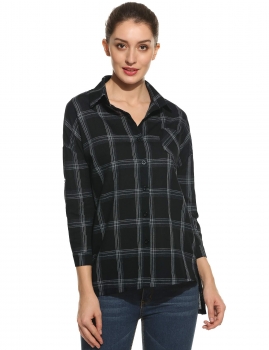 

Black New Women Casual Turn-down Collar Three Quarter Sleeve Side Split Plaid Button-Down Shirts, Multicolor