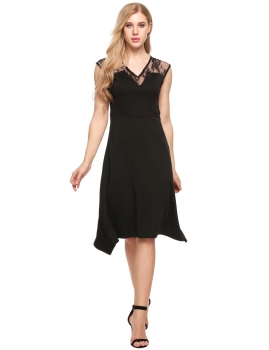 

Black V-Neck Sleeveless Lace Patchwork Asymmetrical A-Line Dress, Multicolor