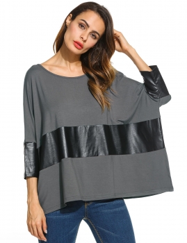 

Dark gray New Women Casual O-Neck Three Quarter Sleeve Loose Synthetic Leather Patchwork Pullover Elastic, Multicolor