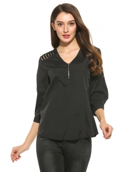 

Cut-outs On The Shoulders 3"4 Sleeve Zip V-Neck Solid Blouse, Multicolor